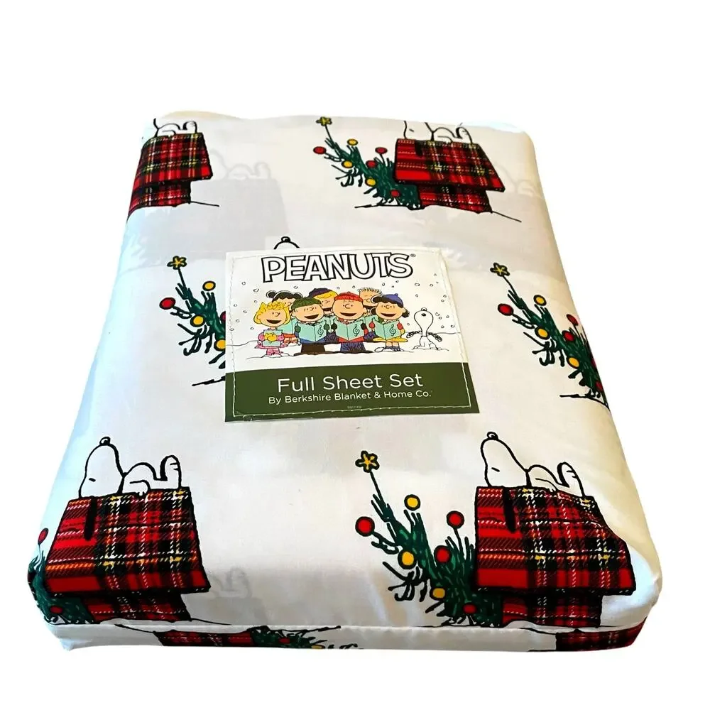 Peanuts Snoopy & Woodstock PLAID Doghouse Christmas Tree FULL Sheet Set New